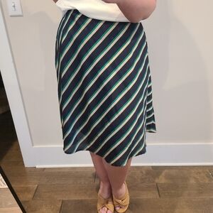 Ann Taylor Navy And Green Striped Silky A-line Midi Skirt